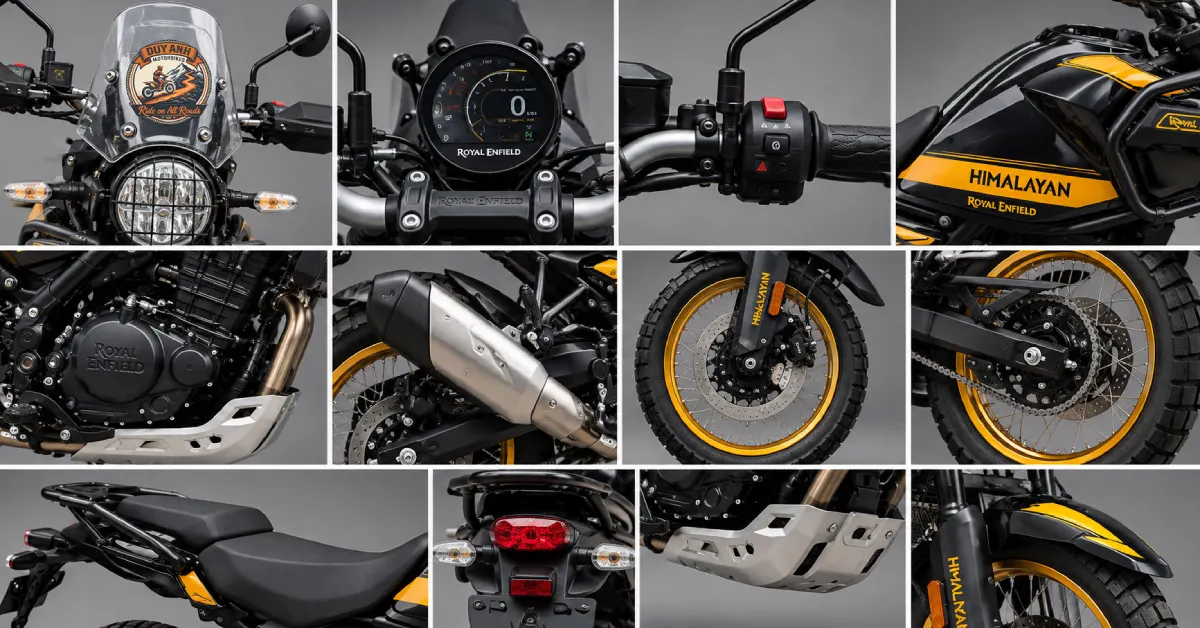 Detailed parts collage of Royal Enfield Himalayan engine, wheels, handlebars, and exhaust for rent motorbike Hanoi.