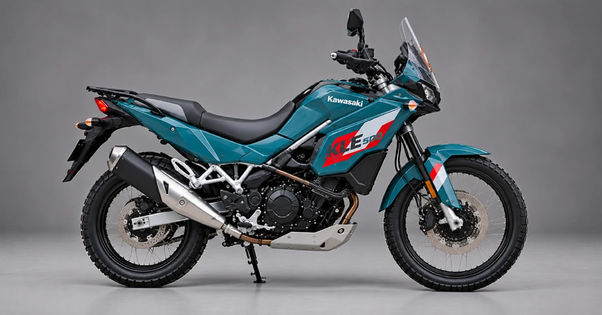 Right side view of teal Kawasaki KLE 500 adventure bike for rent motorbike Hanoi travel.