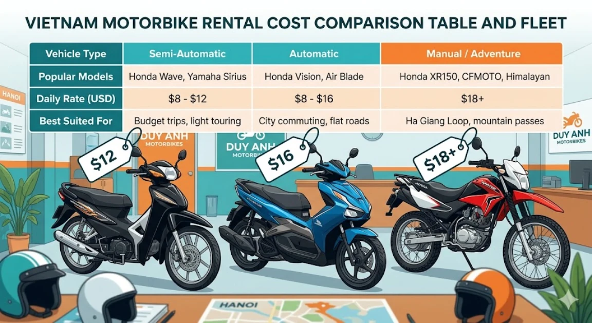 vietnam motorbike rental cost comparison table and fleet